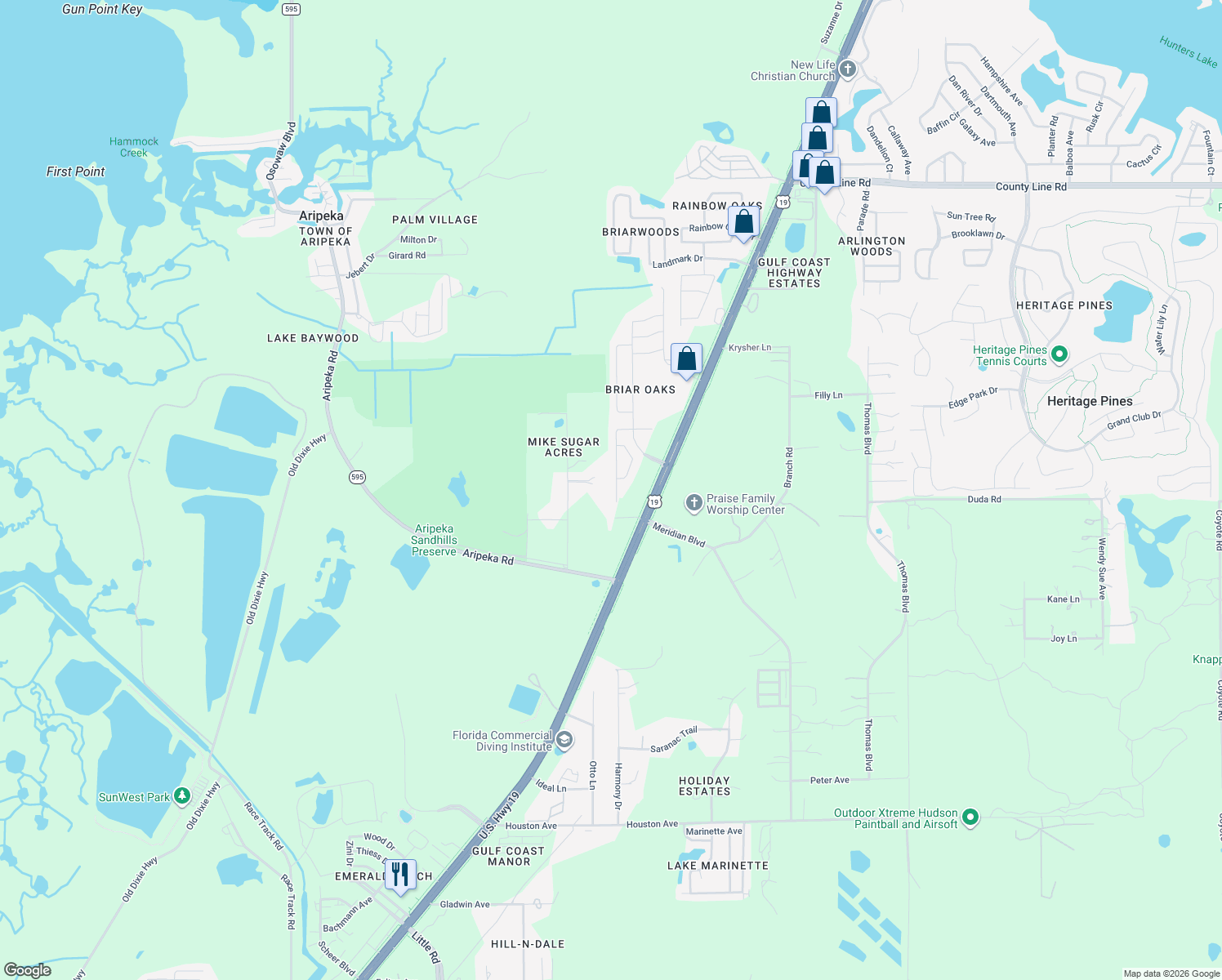 map of restaurants, bars, coffee shops, grocery stores, and more near 18035 Arbor Crest Drive in Hudson
