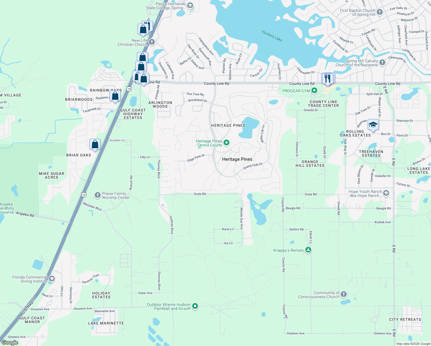 map of restaurants, bars, coffee shops, grocery stores, and more near 18208 Breland Drive in Hudson