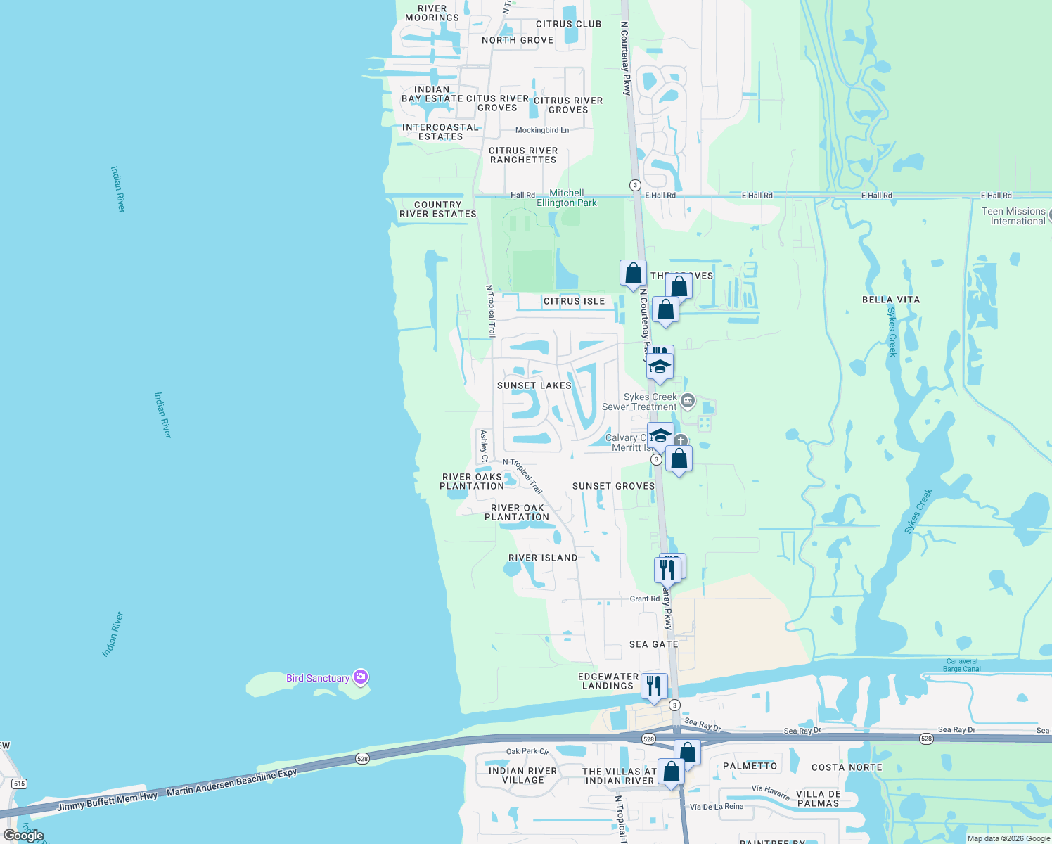 map of restaurants, bars, coffee shops, grocery stores, and more near 505 Limerick Drive in Merritt Island