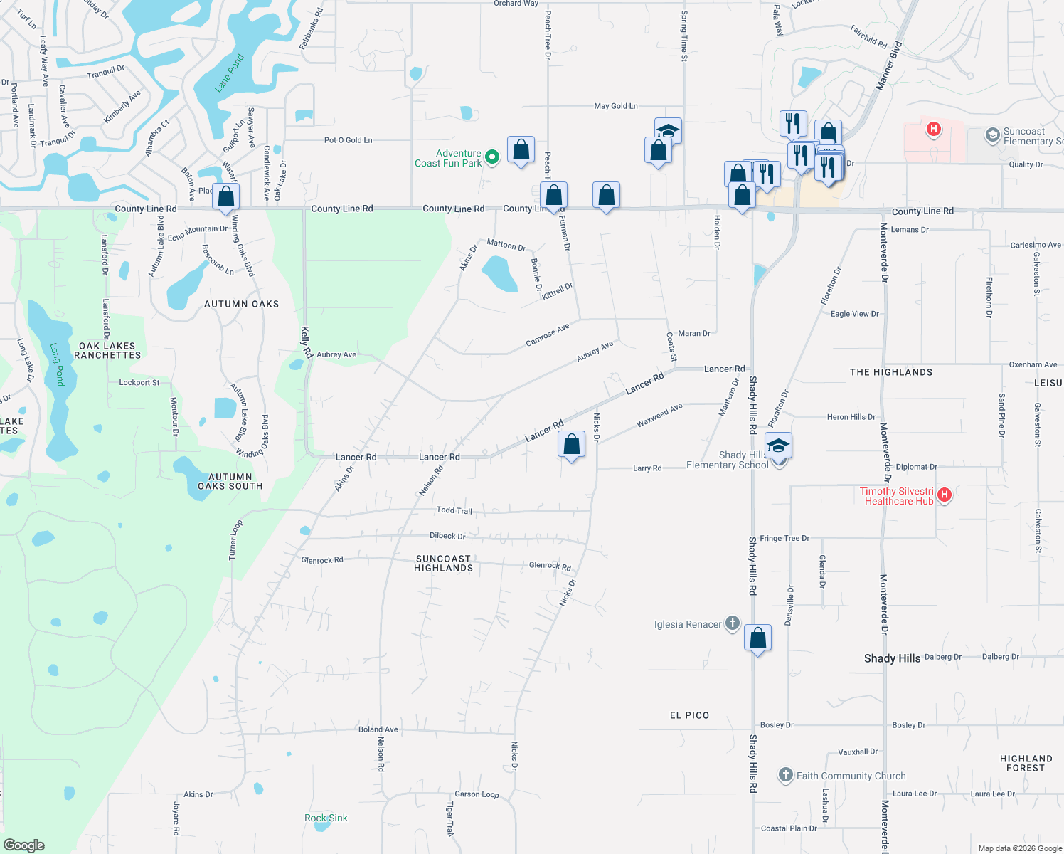 map of restaurants, bars, coffee shops, grocery stores, and more near 15205 Lancer Road in Spring Hill