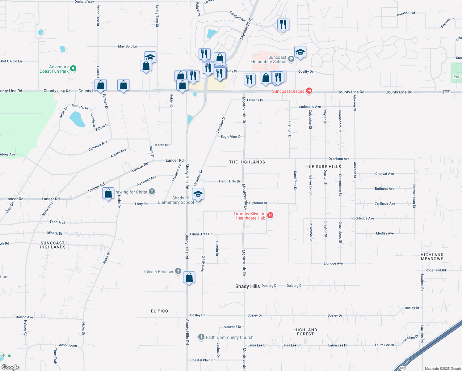 map of restaurants, bars, coffee shops, grocery stores, and more near 16340 Heron Hills Drive in Spring Hill