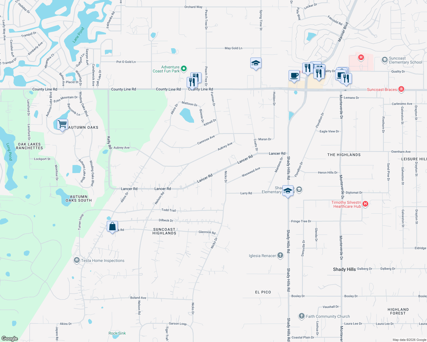 map of restaurants, bars, coffee shops, grocery stores, and more near 15255 Lancer Road in Spring Hill