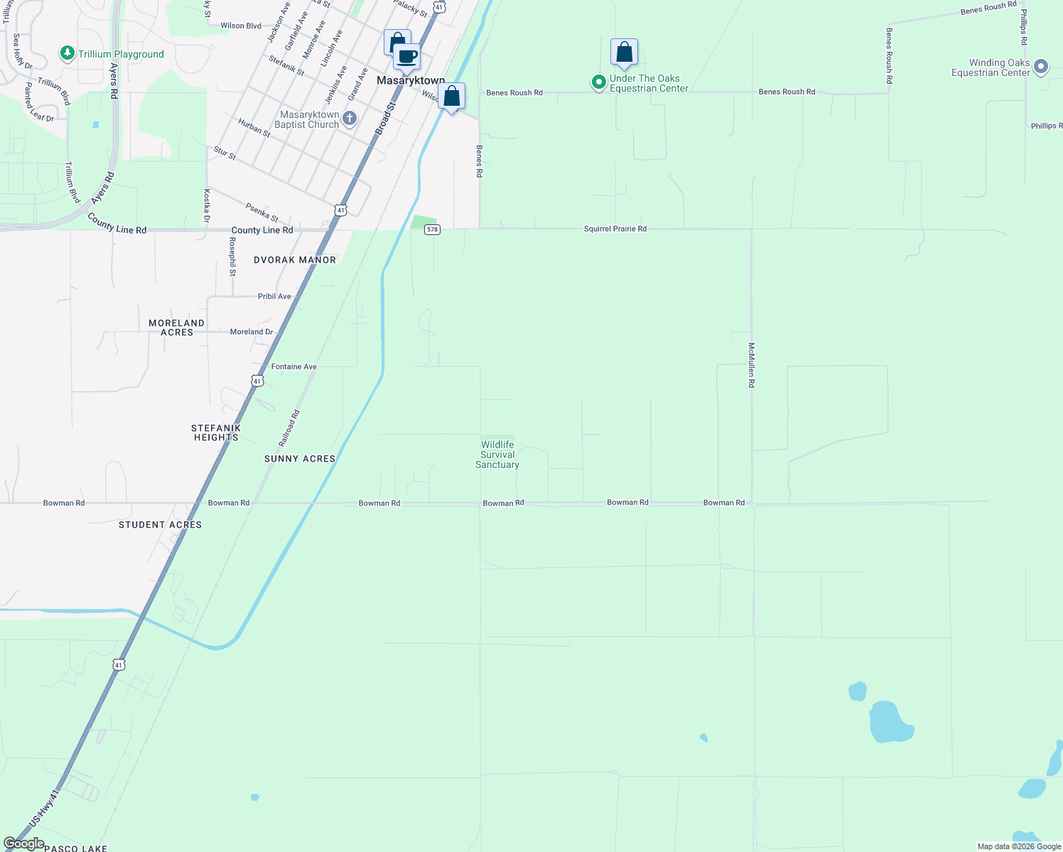map of restaurants, bars, coffee shops, grocery stores, and more near 18304 Booming Road in Spring Hill
