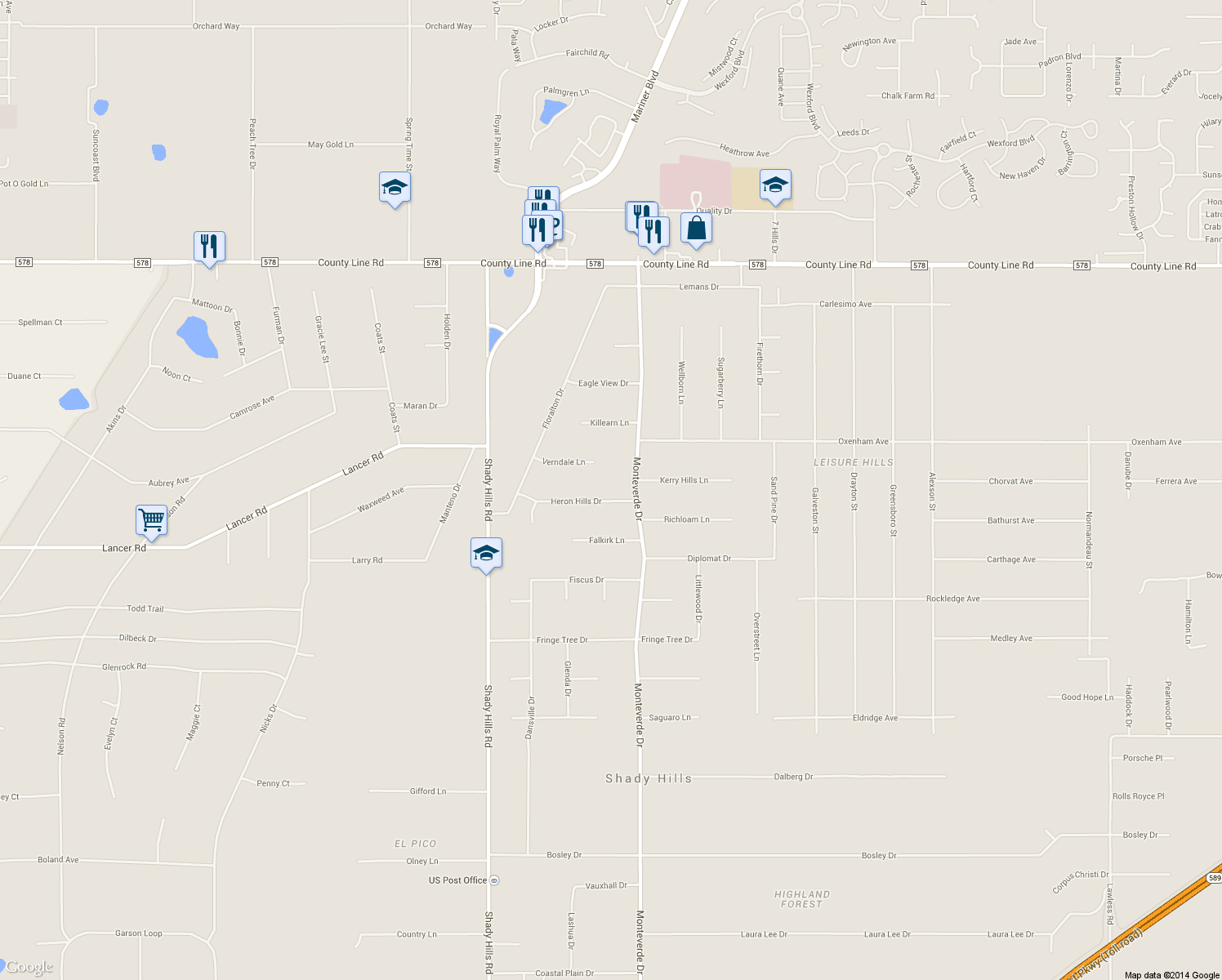 map of restaurants, bars, coffee shops, grocery stores, and more near 16351 Heron Hills Dr in Spring Hill