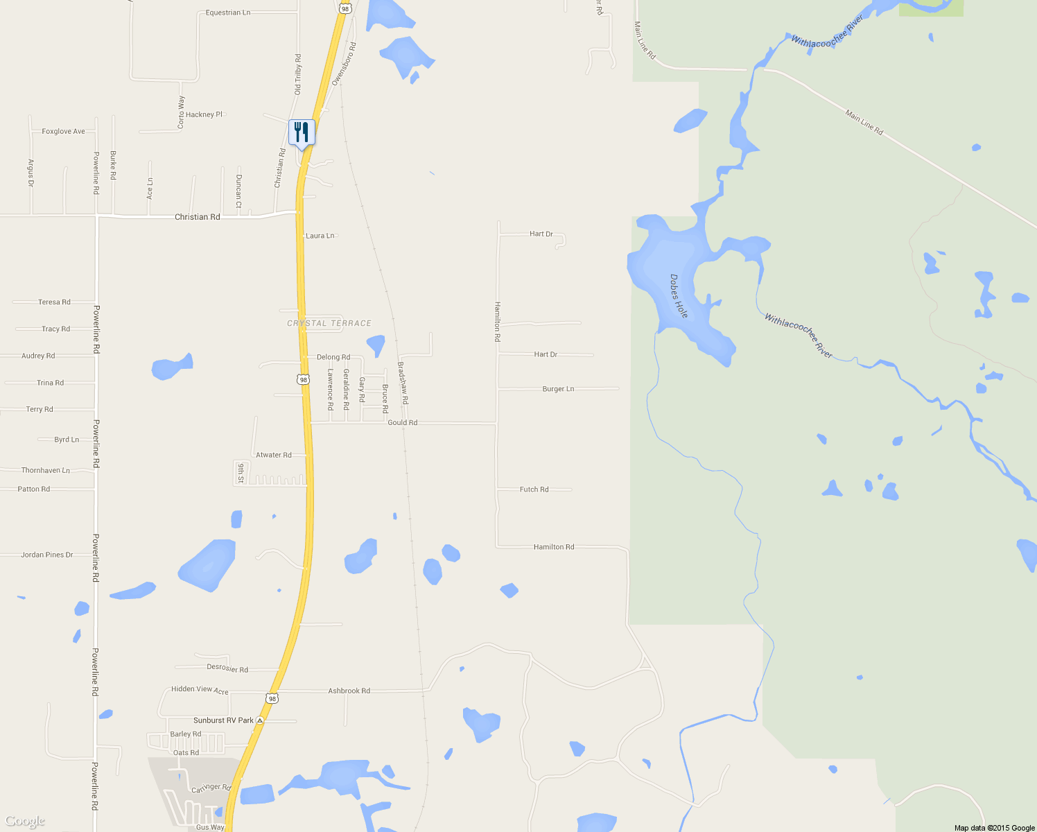 map of restaurants, bars, coffee shops, grocery stores, and more near 38540 Burger Lane in Dade City
