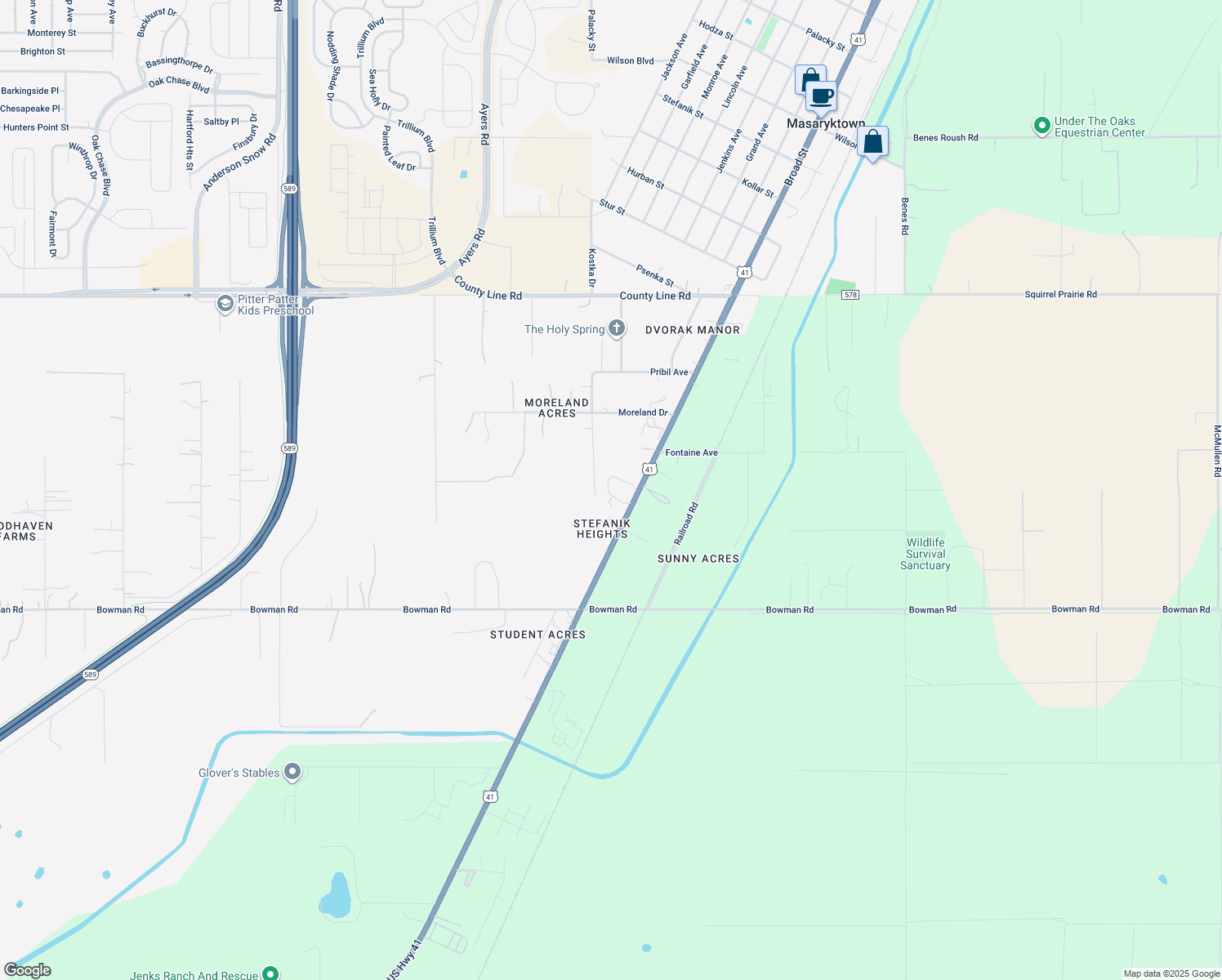 map of restaurants, bars, coffee shops, grocery stores, and more near 18331 Highway 41 in Spring Hill