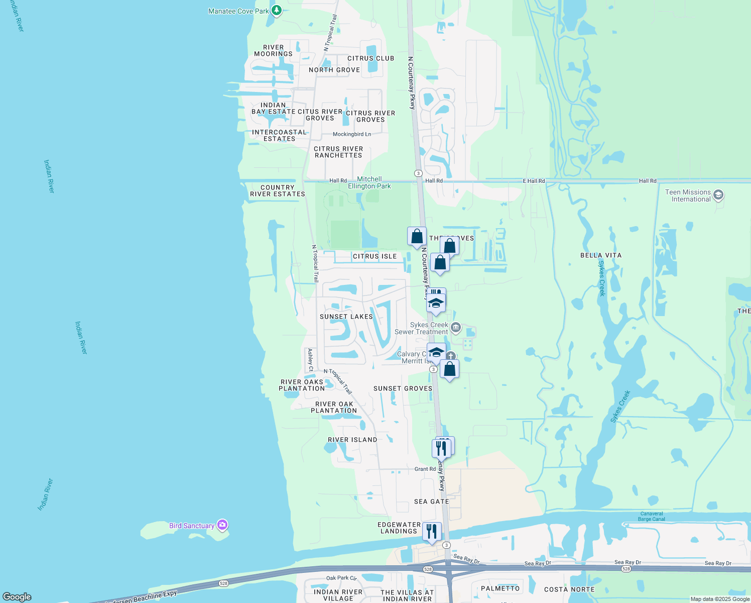 map of restaurants, bars, coffee shops, grocery stores, and more near 611 Sunset Lakes Drive in Merritt Island