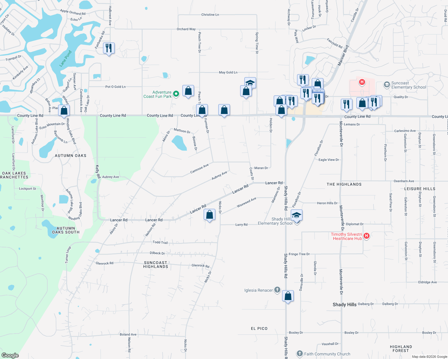 map of restaurants, bars, coffee shops, grocery stores, and more near 15420 Aubrey Avenue in Spring Hill