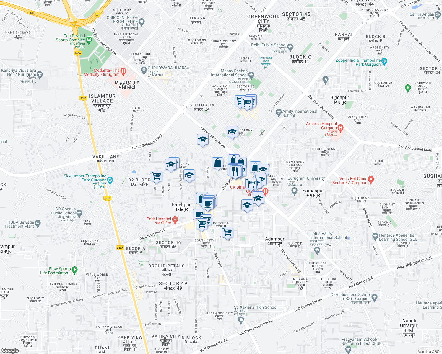 map of restaurants, bars, coffee shops, grocery stores, and more near in Gurgaon