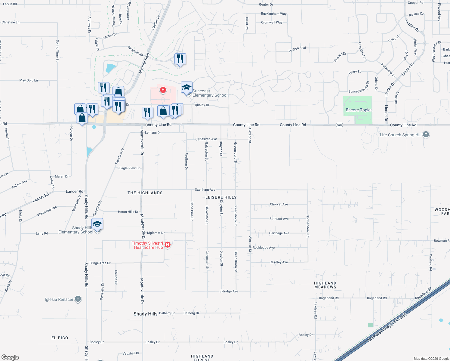 map of restaurants, bars, coffee shops, grocery stores, and more near 18506 Drayton St in Spring Hill
