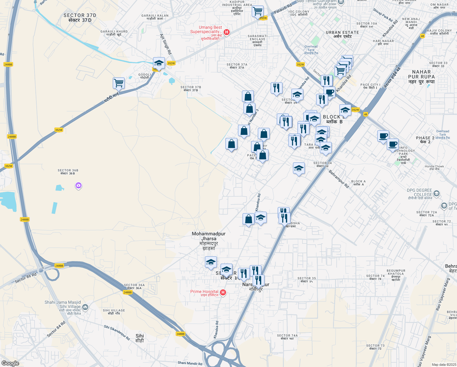 map of restaurants, bars, coffee shops, grocery stores, and more near Khandsa Road in Gurugram