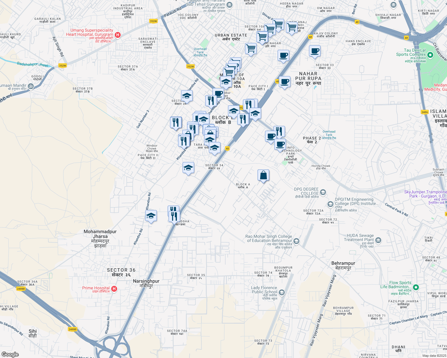 map of restaurants, bars, coffee shops, grocery stores, and more near 38th Milestone in Gurugram