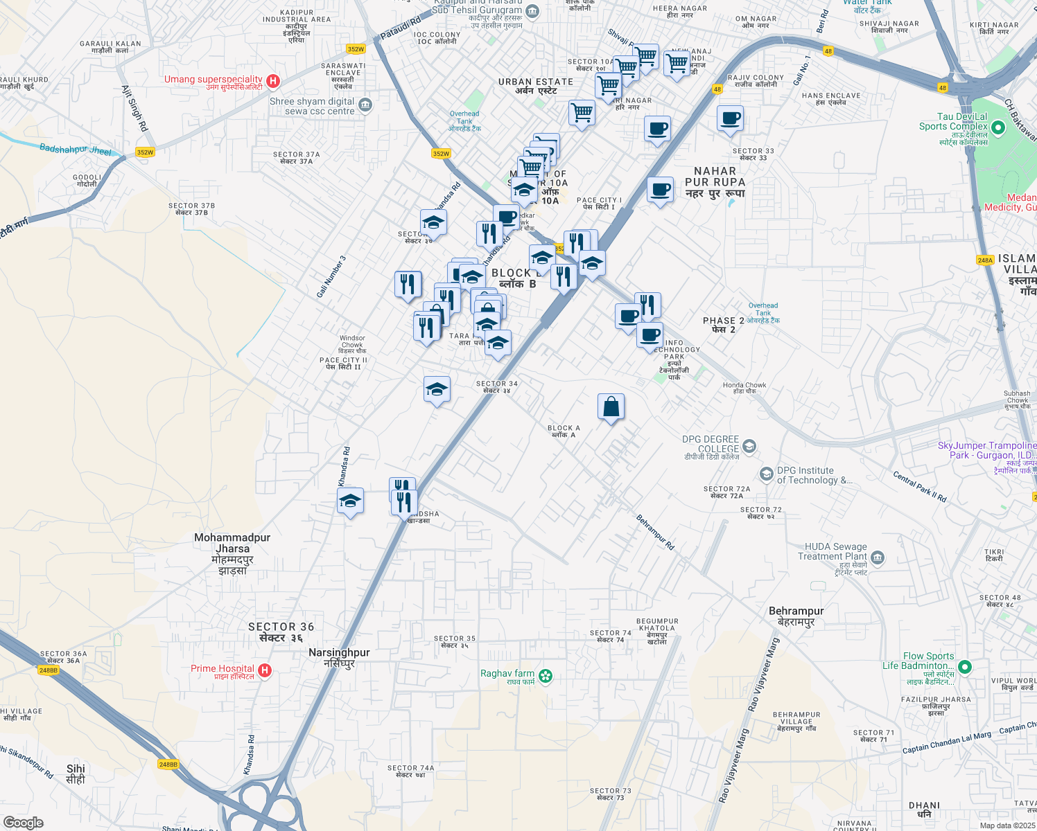 map of restaurants, bars, coffee shops, grocery stores, and more near 38th Milestone in Gurugram