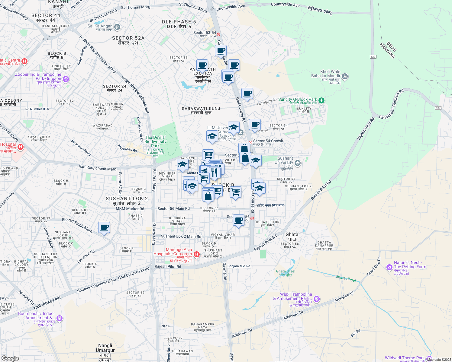 map of restaurants, bars, coffee shops, grocery stores, and more near Unnamed Road in Gurugram