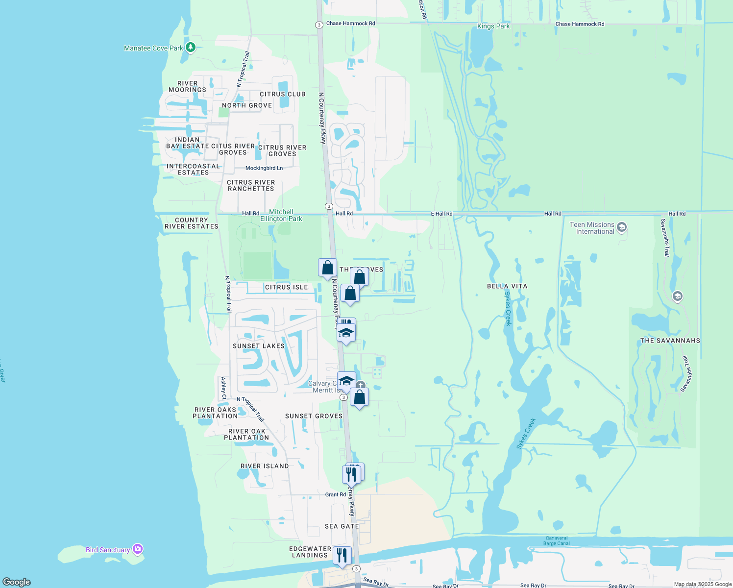 map of restaurants, bars, coffee shops, grocery stores, and more near 139 Gator Drive in Merritt Island