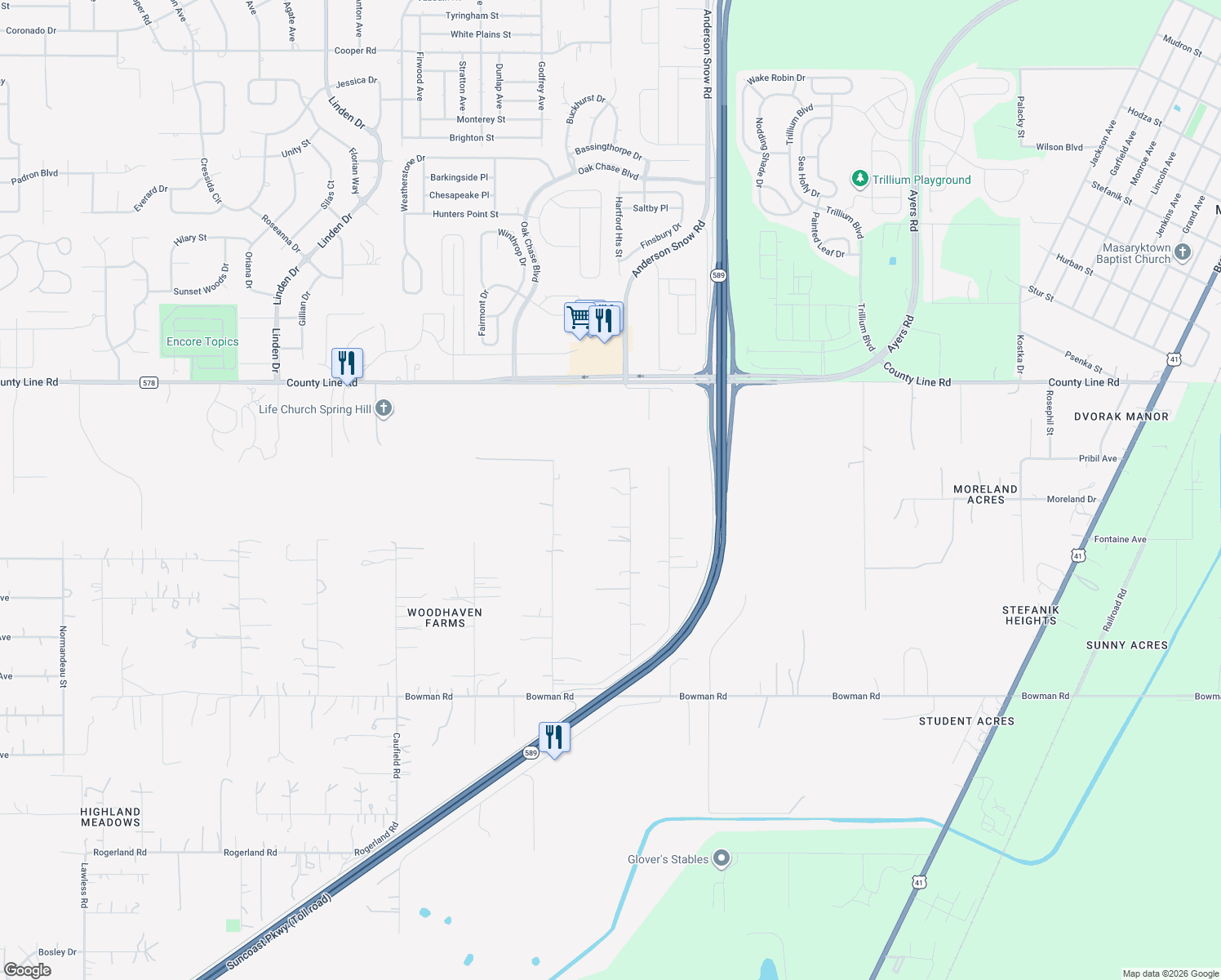 map of restaurants, bars, coffee shops, grocery stores, and more near 18625 Deason Drive in Spring Hill