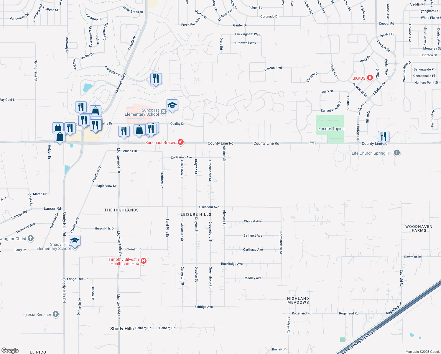 map of restaurants, bars, coffee shops, grocery stores, and more near 18703 Alexson Street in Spring Hill