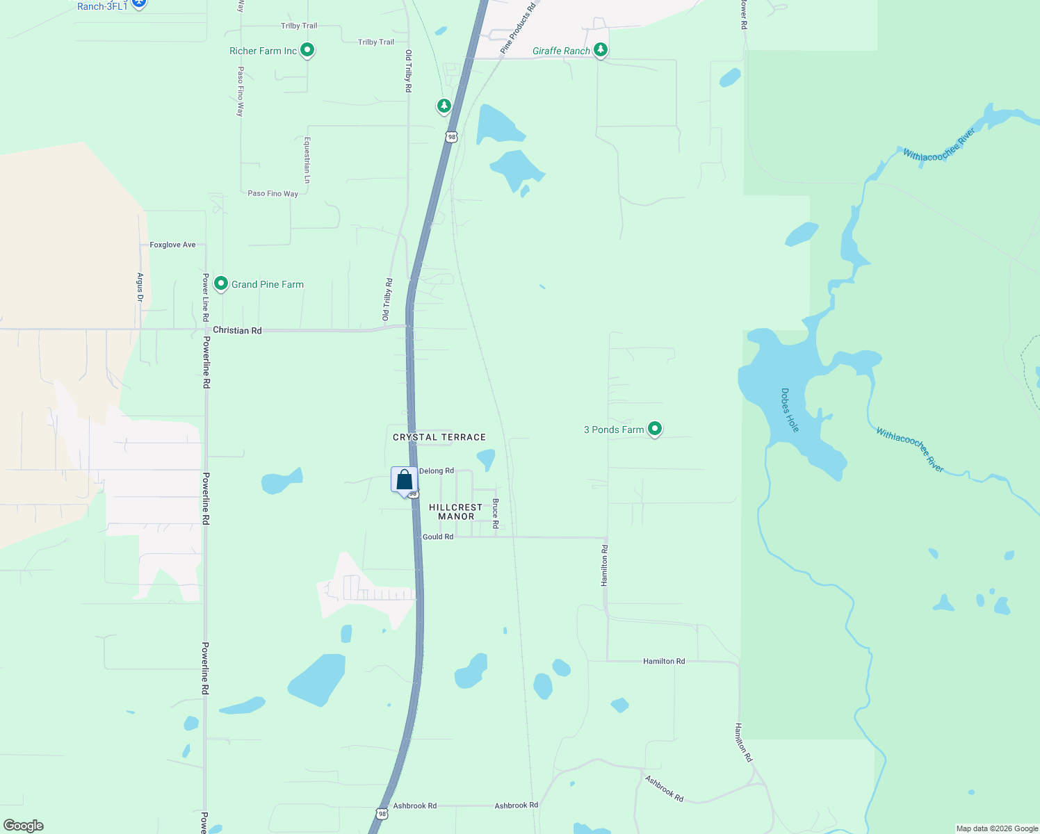 map of restaurants, bars, coffee shops, grocery stores, and more near 18630 Bradshaw Road in Dade City