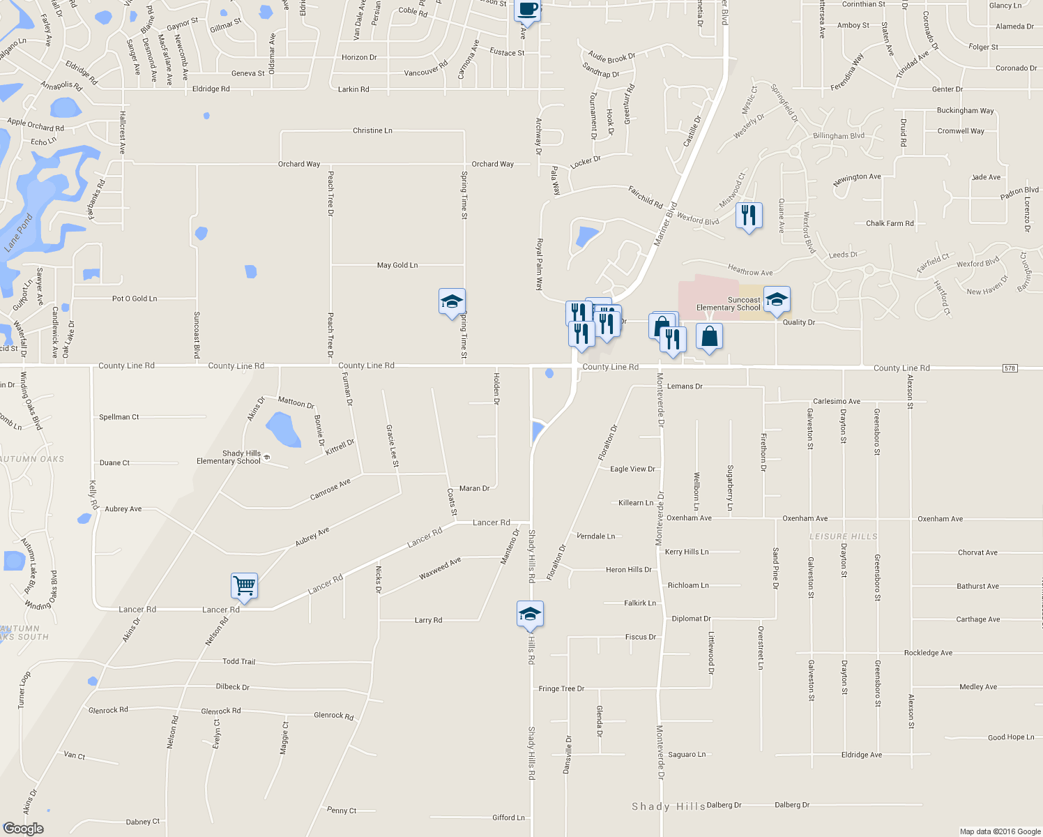 map of restaurants, bars, coffee shops, grocery stores, and more near 18807 Old Shady Hills Road in Spring Hill