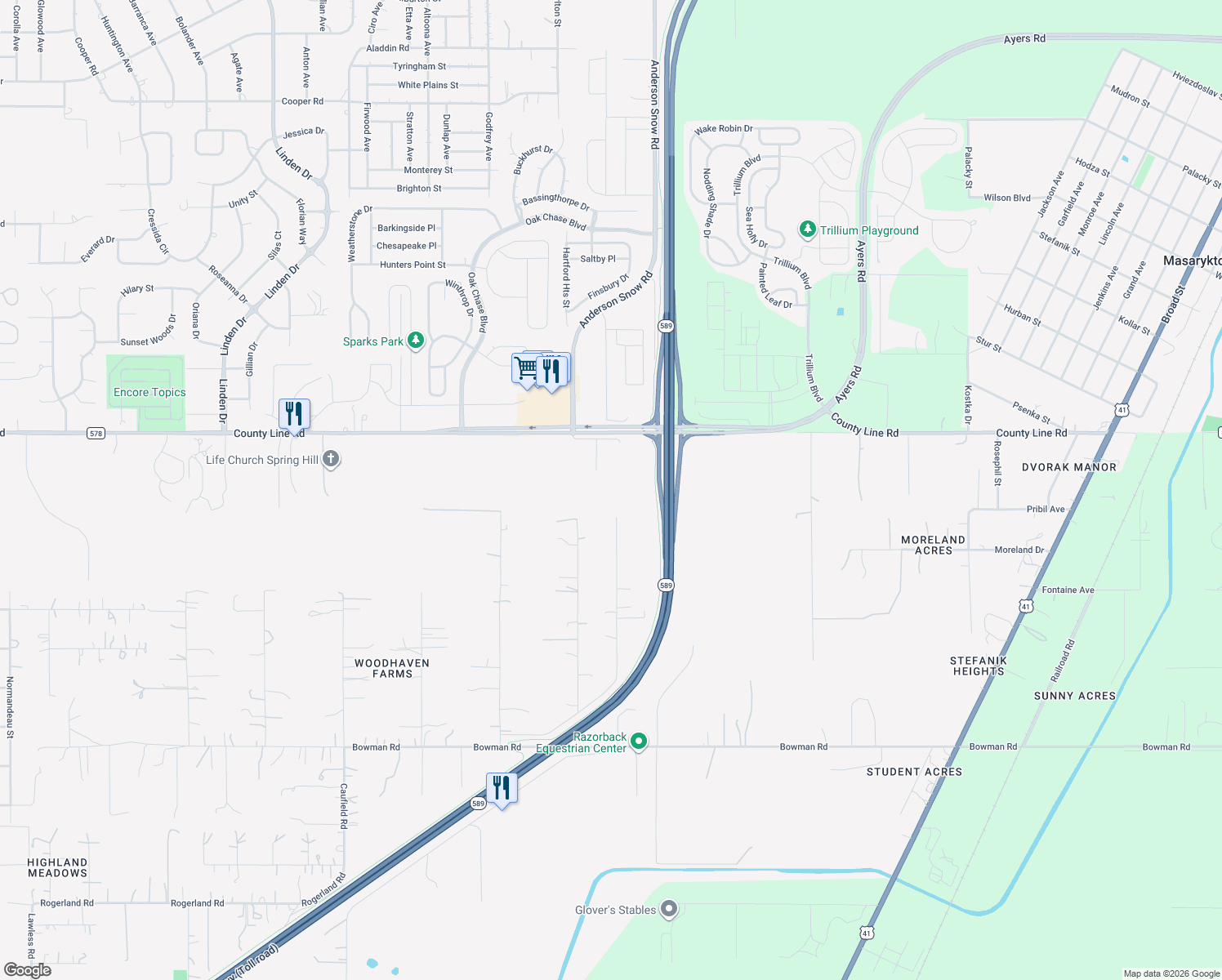 map of restaurants, bars, coffee shops, grocery stores, and more near 18816 Cimbora Drive in Spring Hill