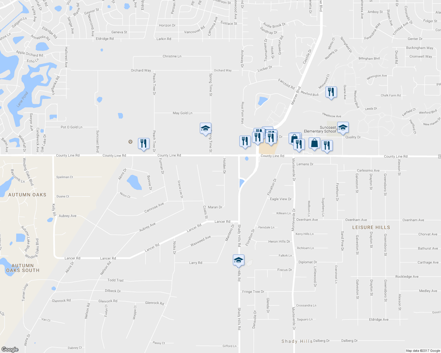 map of restaurants, bars, coffee shops, grocery stores, and more near 18815 Holden Drive in Spring Hill