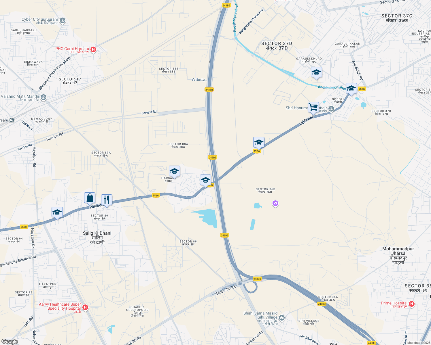map of restaurants, bars, coffee shops, grocery stores, and more near Dwarka Expressway in Gurugram