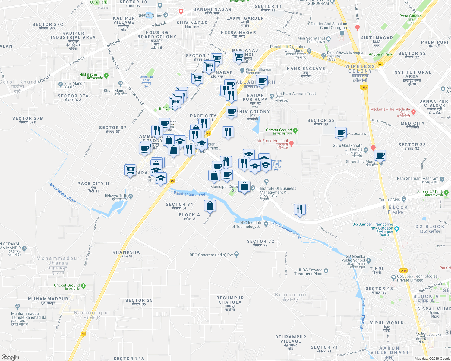 map of restaurants, bars, coffee shops, grocery stores, and more near in Gurugram