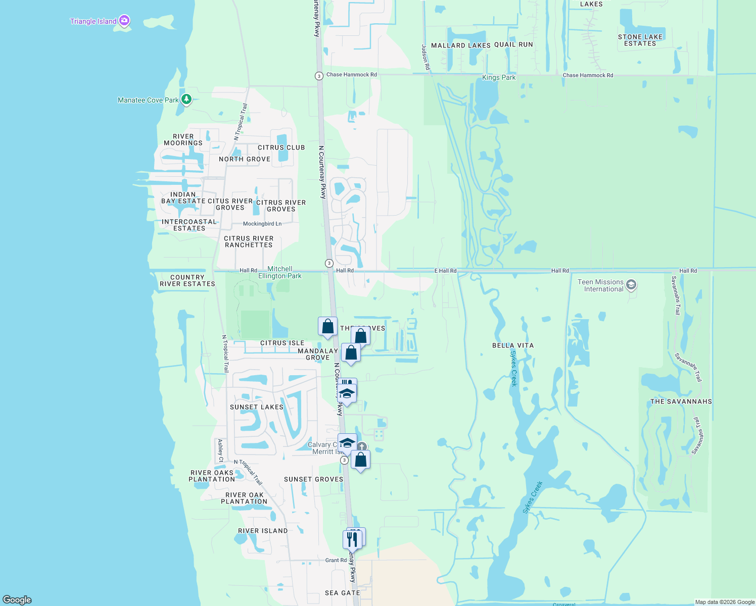 map of restaurants, bars, coffee shops, grocery stores, and more near 335 East Hall Road in Merritt Island