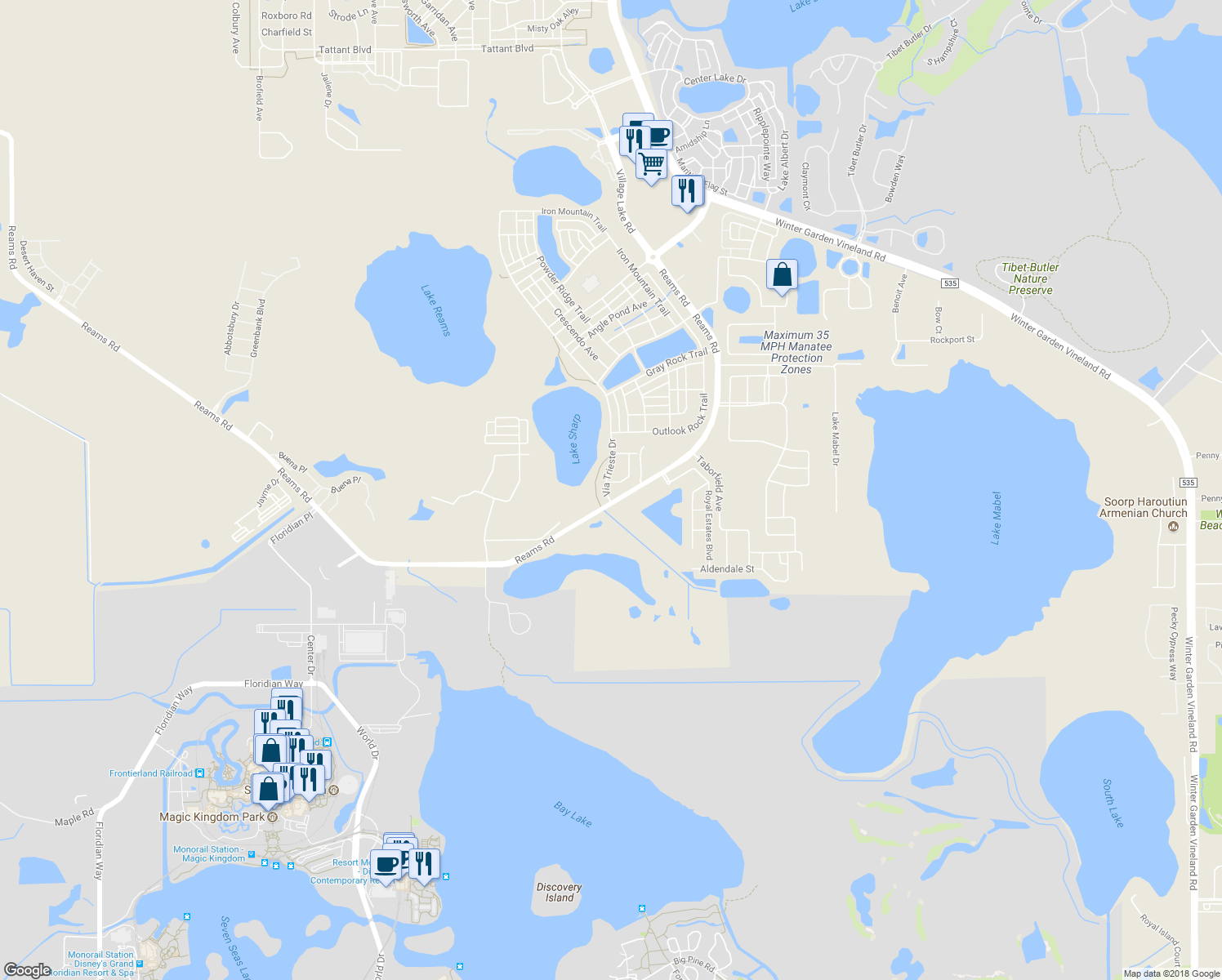 map of restaurants, bars, coffee shops, grocery stores, and more near 8717 Via Trieste Drive in Windermere