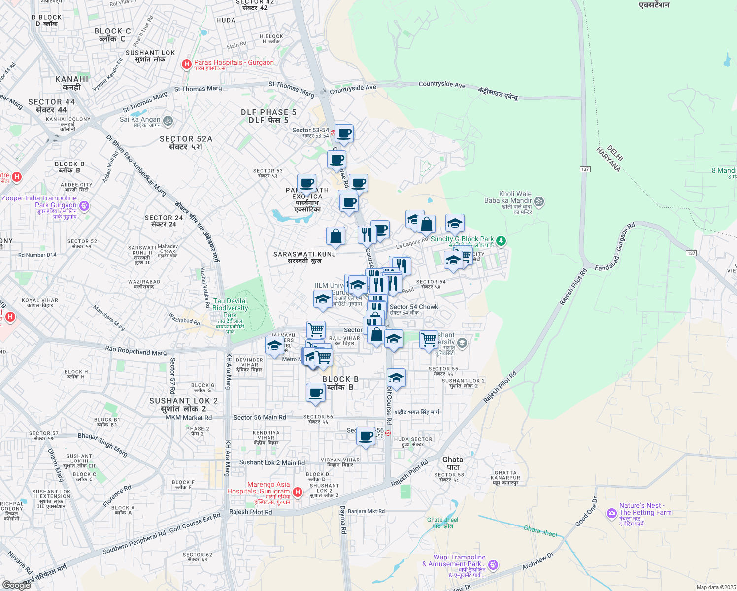 map of restaurants, bars, coffee shops, grocery stores, and more near B-54 Golf Course Road in Gurugram