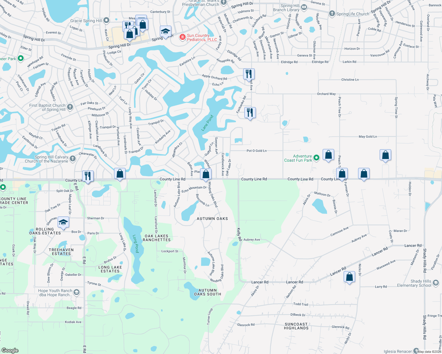 map of restaurants, bars, coffee shops, grocery stores, and more near 95 Candlewick Avenue in Spring Hill