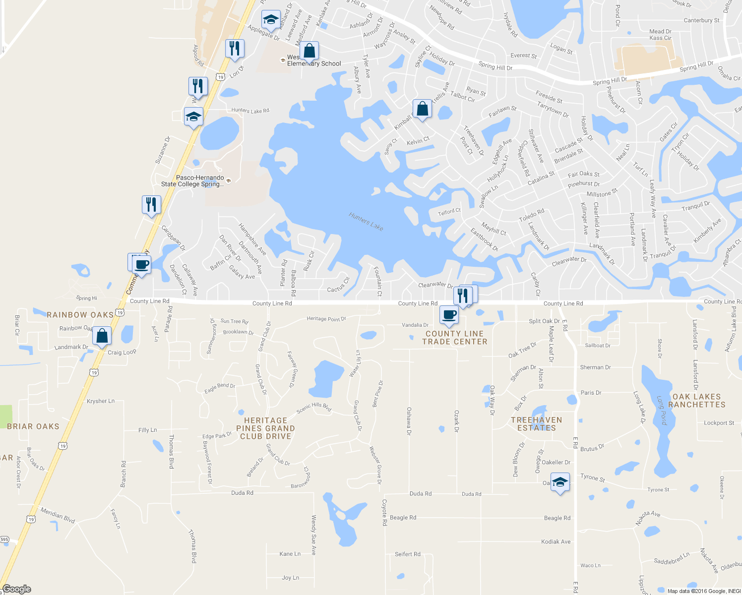 map of restaurants, bars, coffee shops, grocery stores, and more near 6125 County Line Road in Spring Hill
