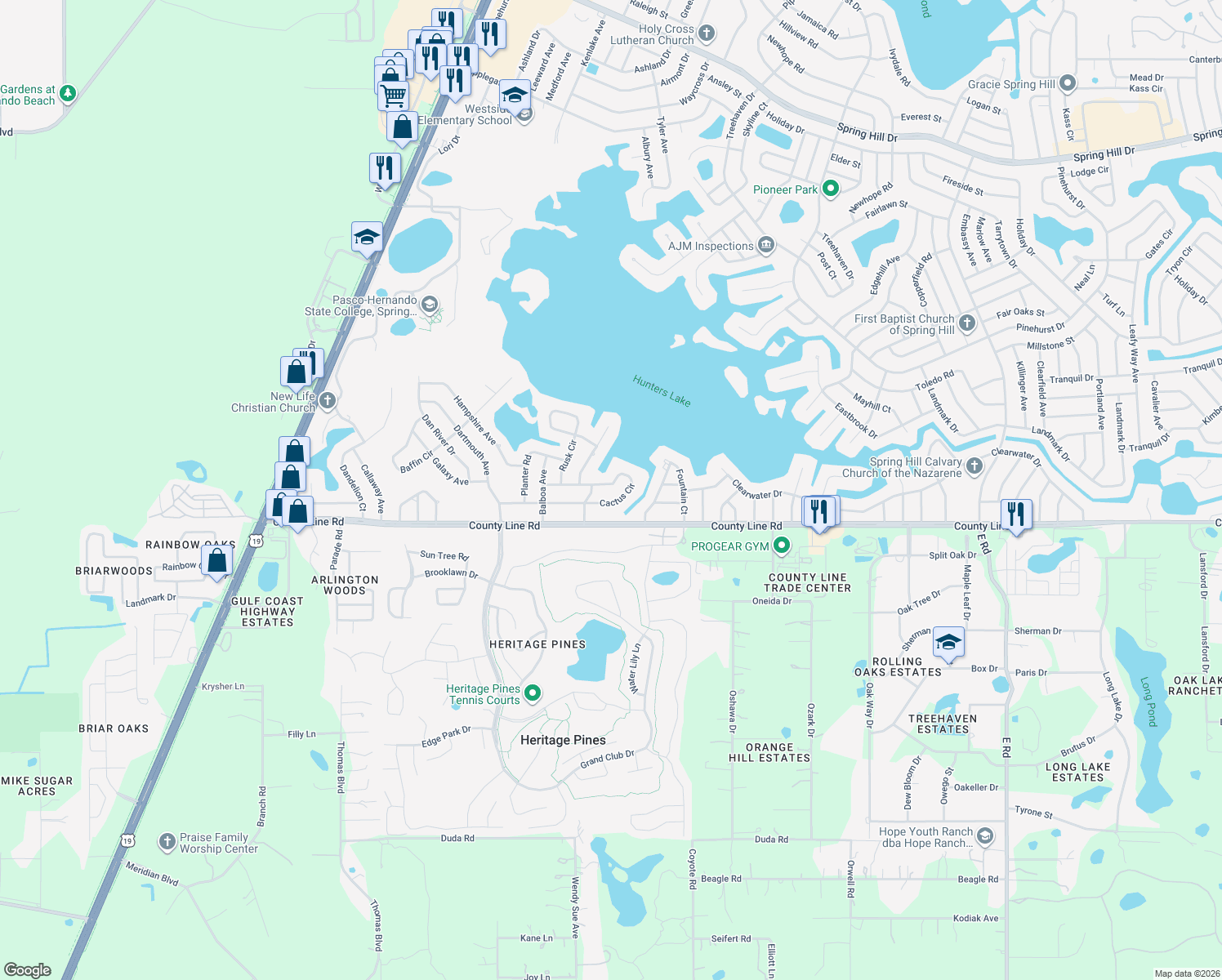 map of restaurants, bars, coffee shops, grocery stores, and more near 5518 Cactus Circle in Spring Hill