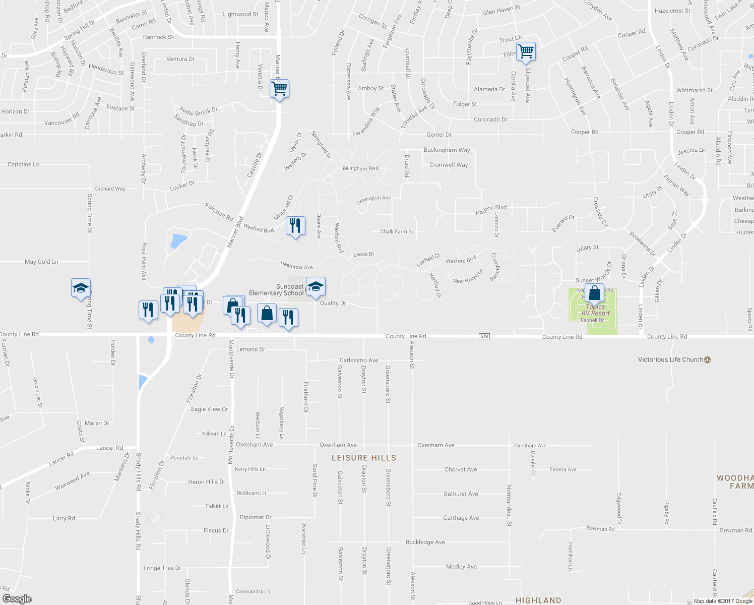 map of restaurants, bars, coffee shops, grocery stores, and more near Farnsworth Boulevard in Spring Hill