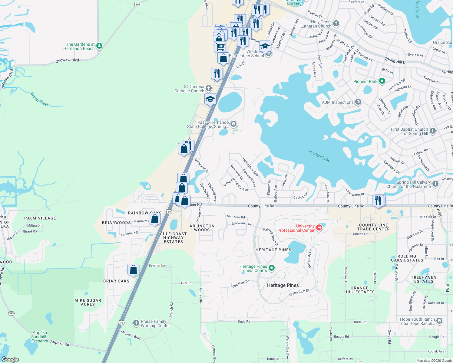 map of restaurants, bars, coffee shops, grocery stores, and more near 5341 Baffin Circle in Spring Hill