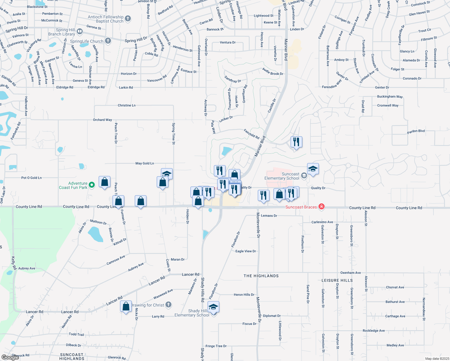 map of restaurants, bars, coffee shops, grocery stores, and more near 225 Mariner Boulevard in Spring Hill