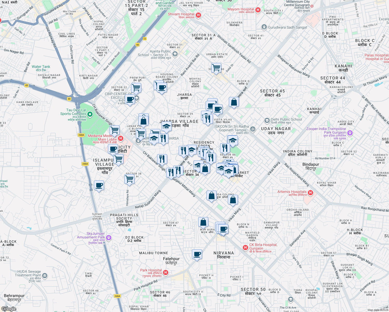 map of restaurants, bars, coffee shops, grocery stores, and more near 1531 Samaspur Tigra Road in Gurgaon
