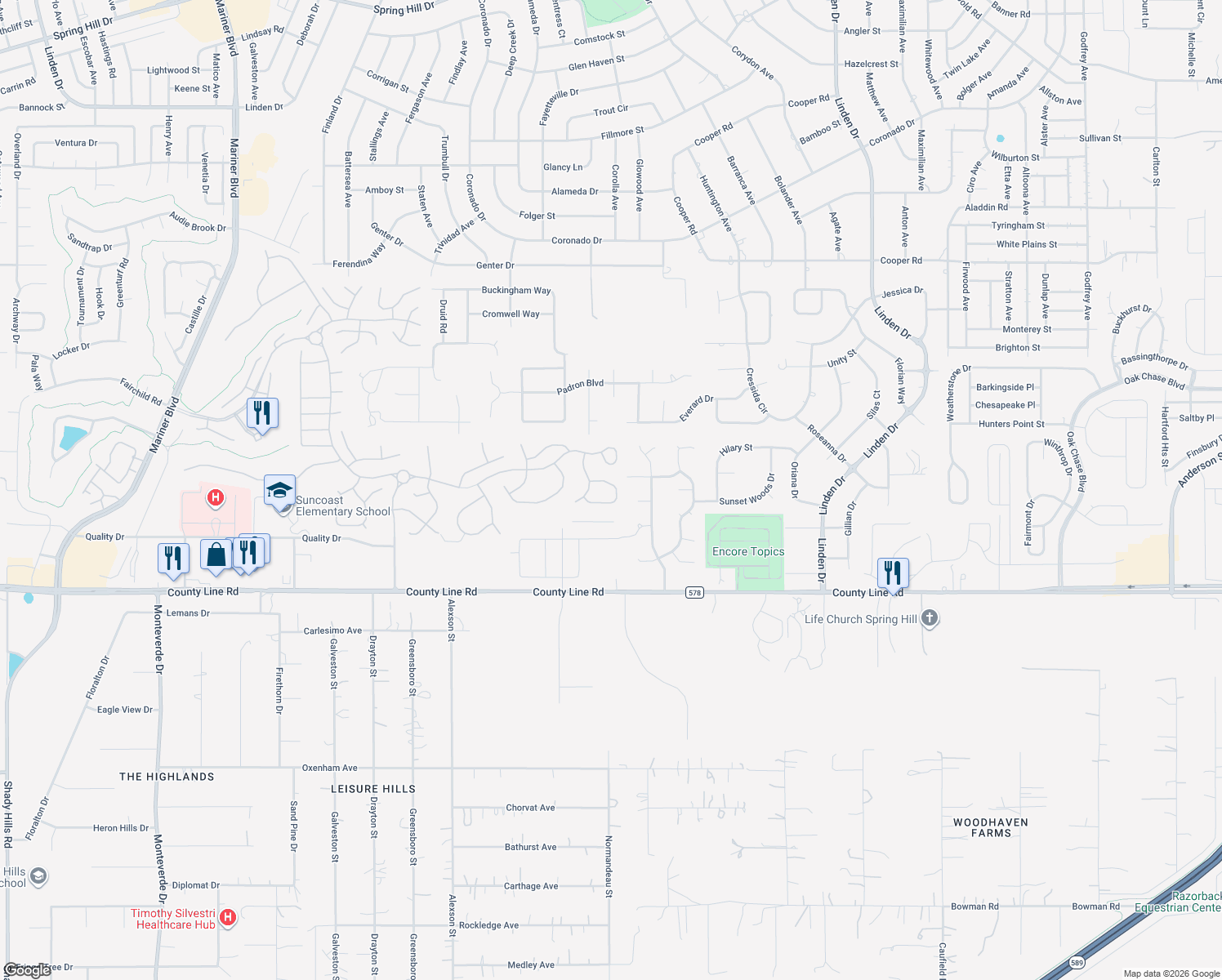 map of restaurants, bars, coffee shops, grocery stores, and more near 11959 Valley Falls Loop in Spring Hill