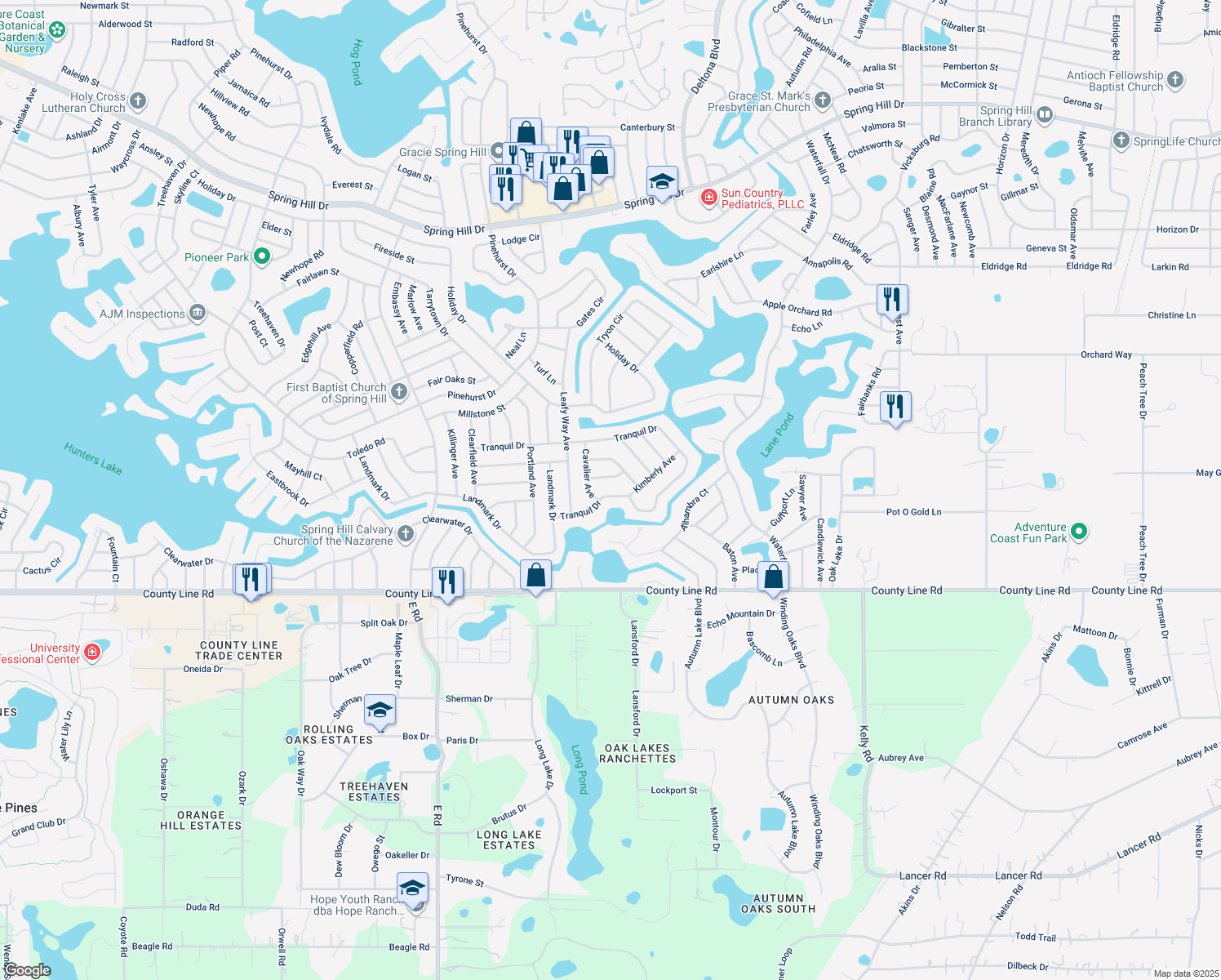 map of restaurants, bars, coffee shops, grocery stores, and more near 8320 Tranquil Drive in Spring Hill