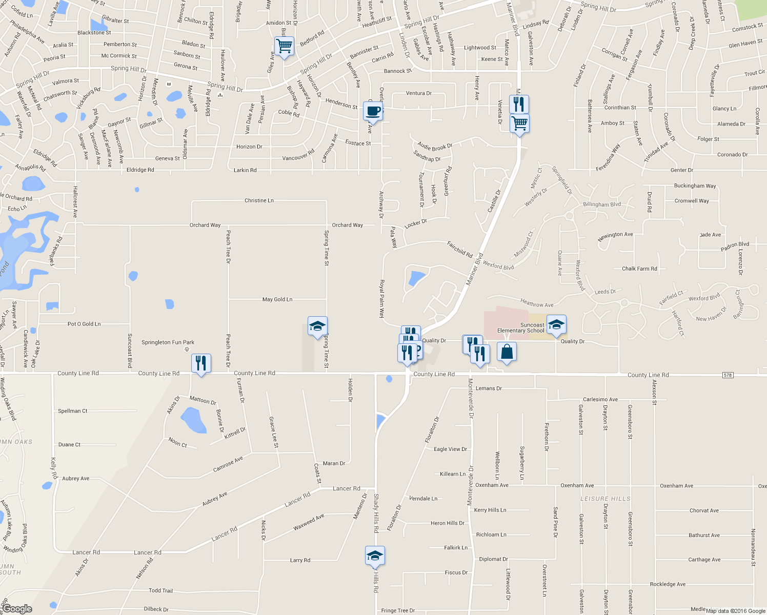map of restaurants, bars, coffee shops, grocery stores, and more near 284 Royal Palm Way in Spring Hill