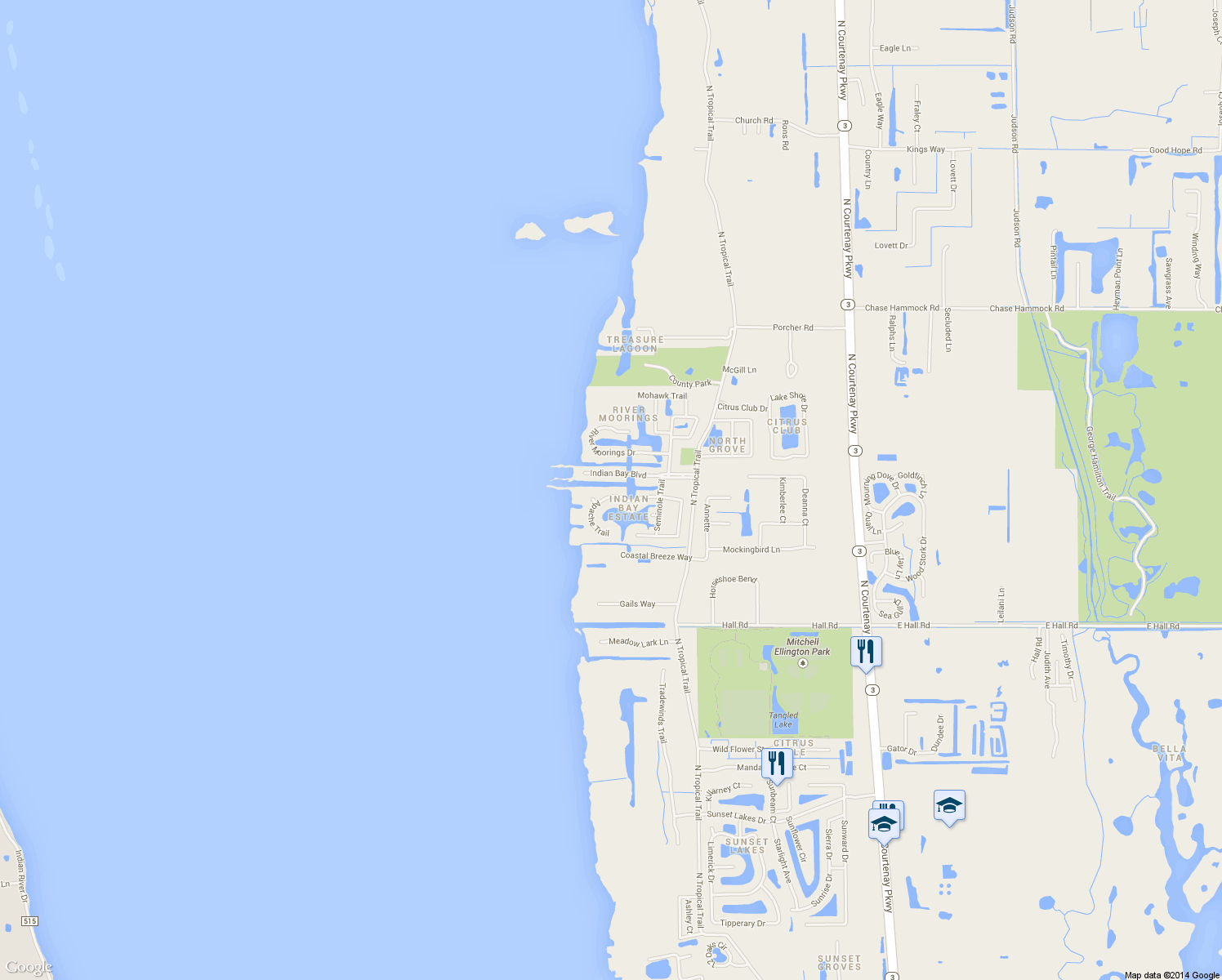 map of restaurants, bars, coffee shops, grocery stores, and more near 520 Apache Trail in Merritt Island