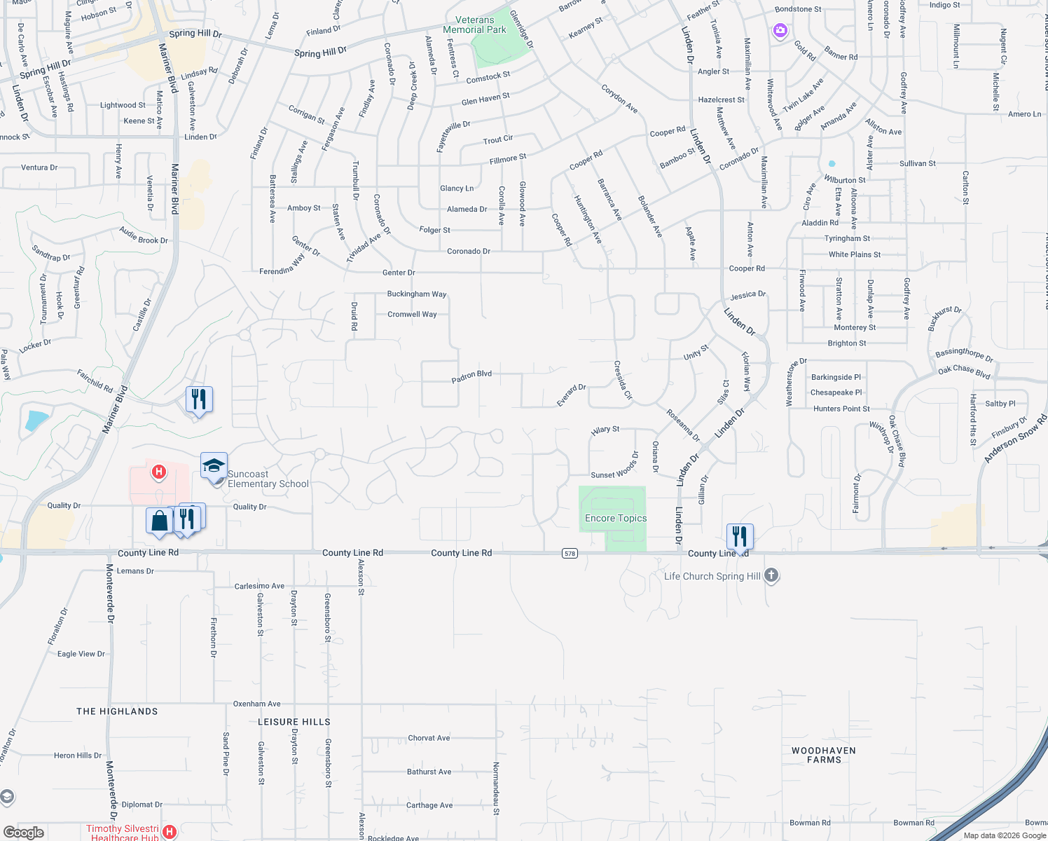map of restaurants, bars, coffee shops, grocery stores, and more near 320 Preston Hollow Drive in Spring Hill