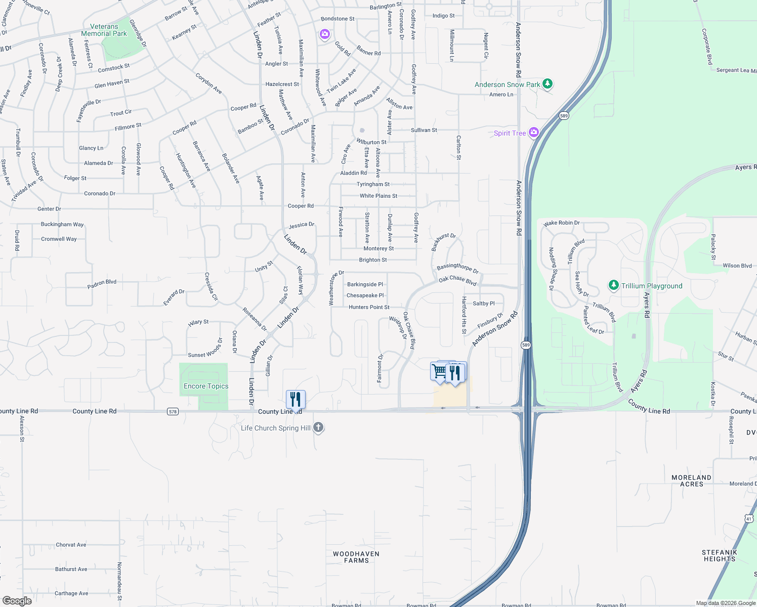 map of restaurants, bars, coffee shops, grocery stores, and more near 13531 Hunters Point Street in Spring Hill