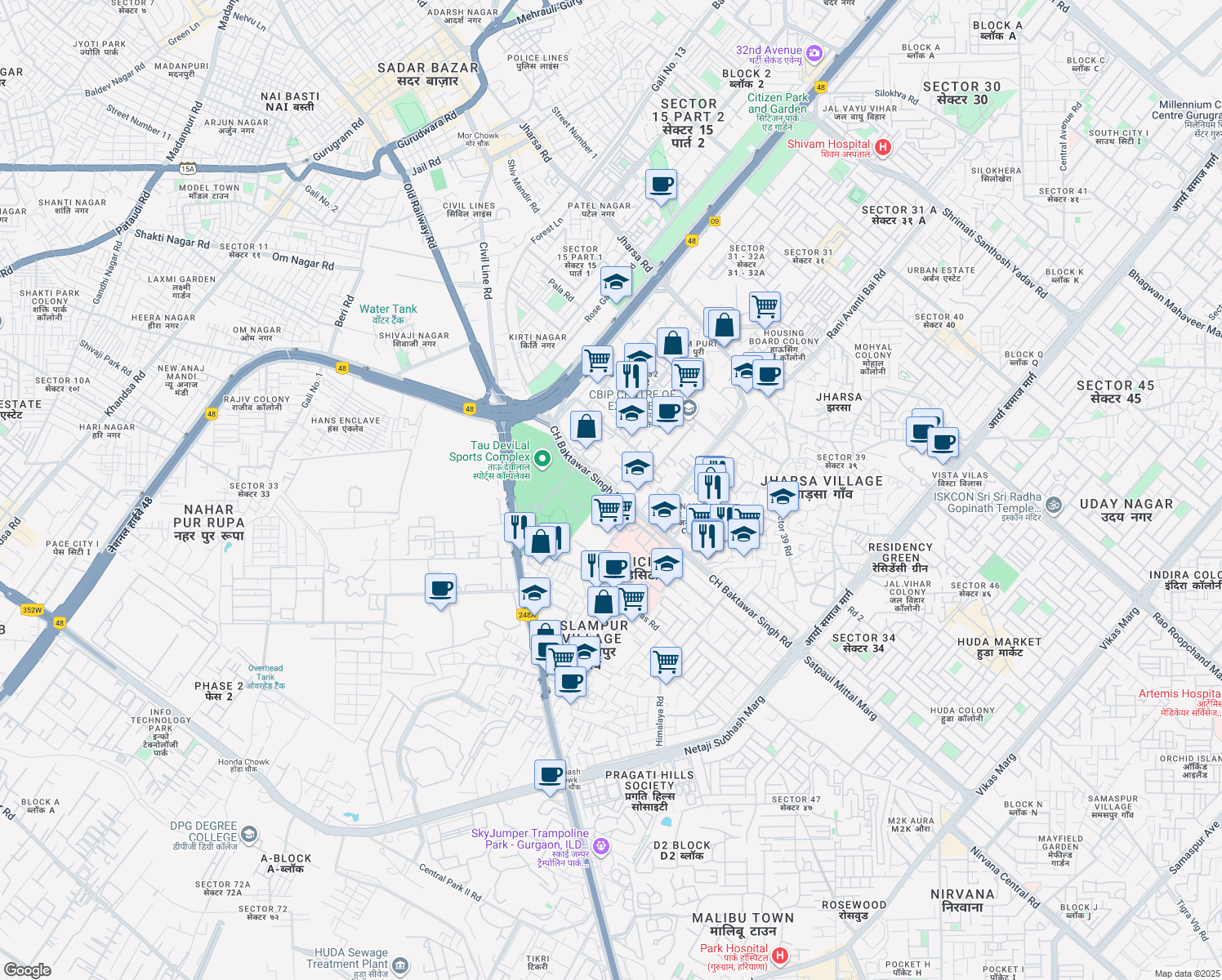map of restaurants, bars, coffee shops, grocery stores, and more near CH Baktawar Singh Road in Gurugram