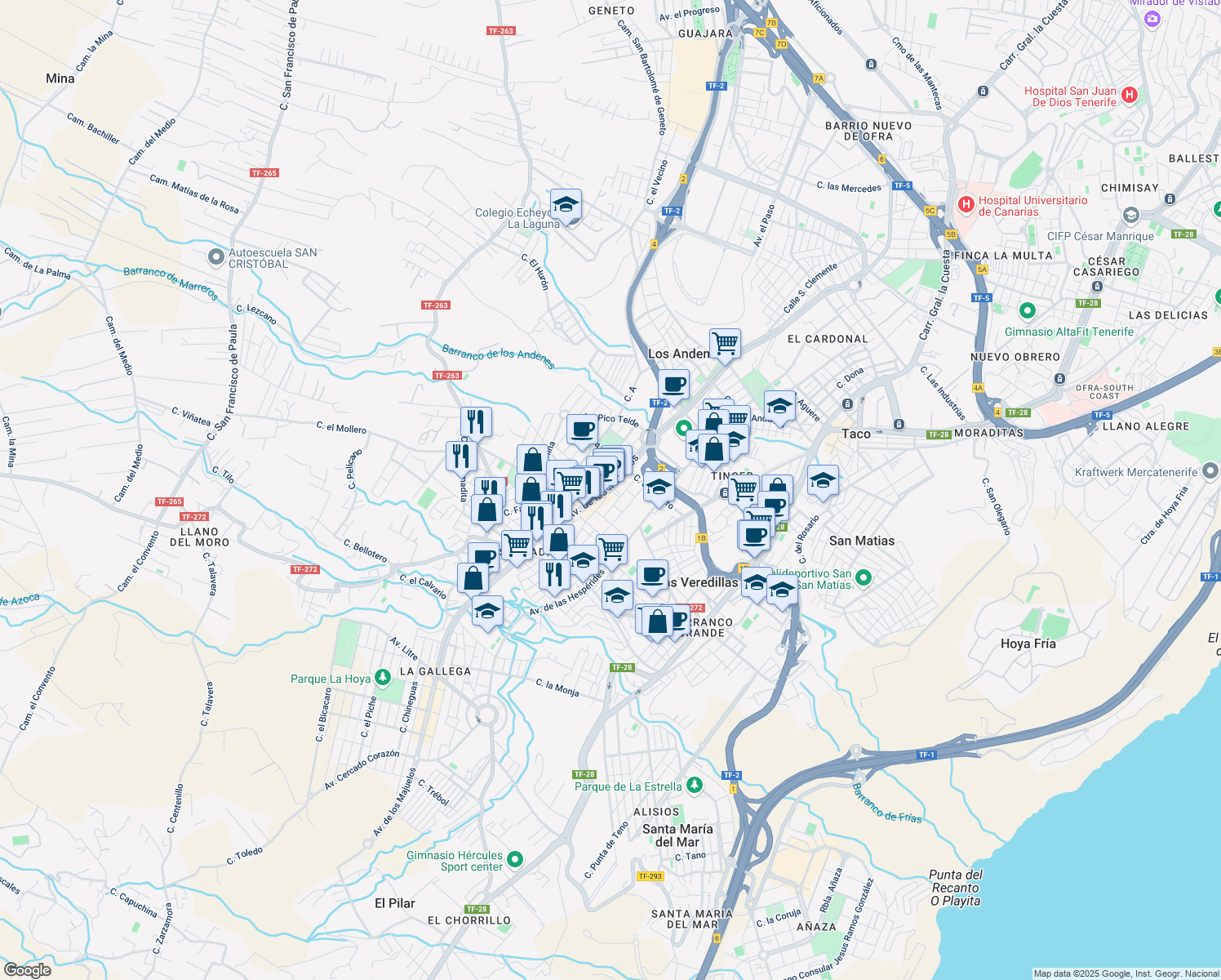 map of restaurants, bars, coffee shops, grocery stores, and more near Avenida los Majuelos in Santa Cruz de Tenerife