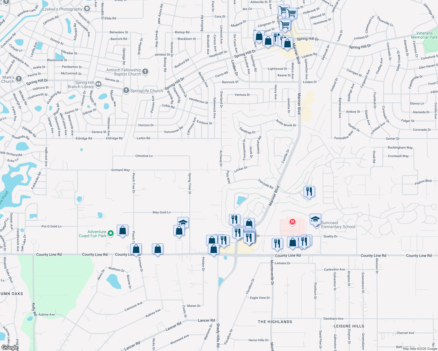 map of restaurants, bars, coffee shops, grocery stores, and more near 427 Archway Drive in Spring Hill