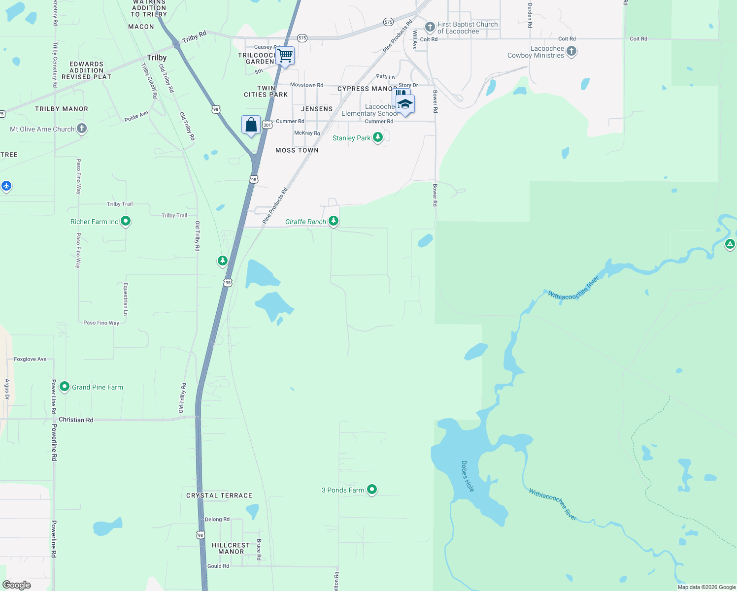 map of restaurants, bars, coffee shops, grocery stores, and more near 38730 Mickler Road in Dade City