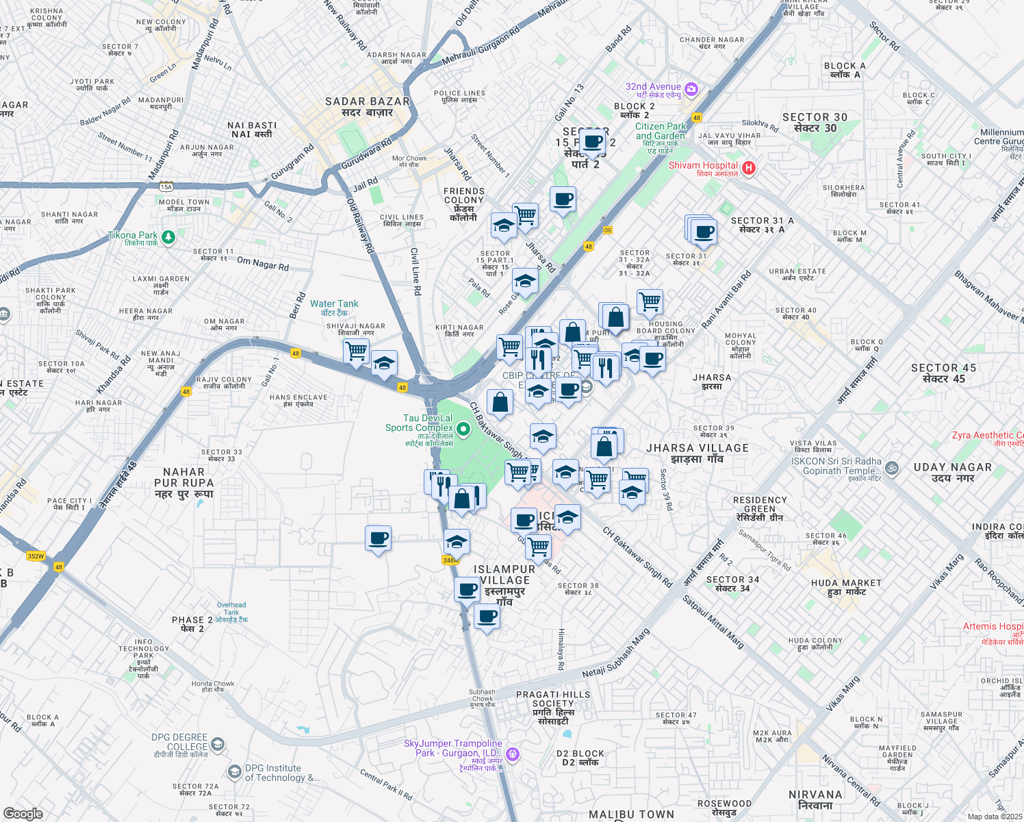 map of restaurants, bars, coffee shops, grocery stores, and more near 10 Institutional Area in Gurugram