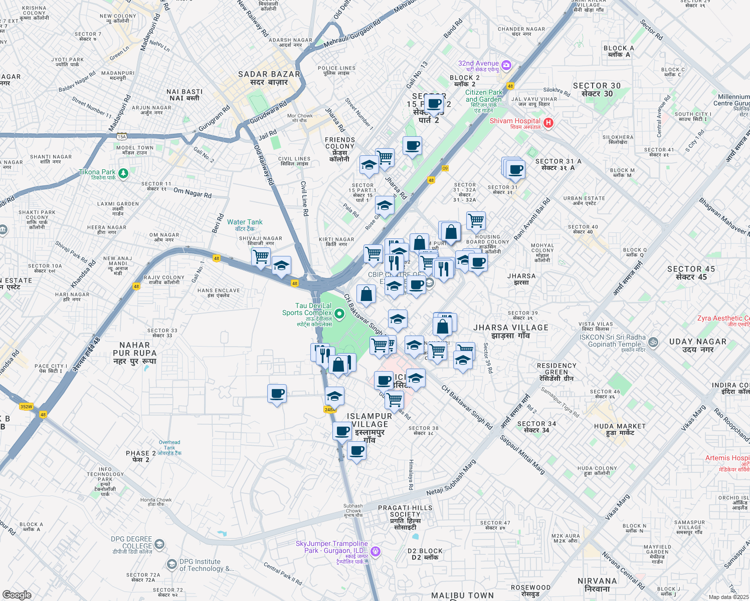 map of restaurants, bars, coffee shops, grocery stores, and more near 10 Institutional Area in Gurugram
