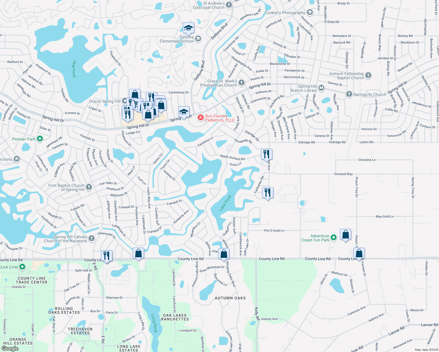 map of restaurants, bars, coffee shops, grocery stores, and more near 567 Waterfall Drive in Spring Hill